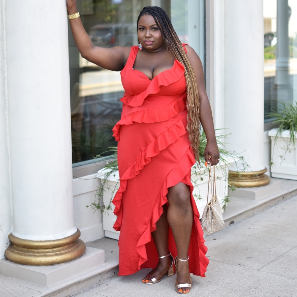 Plus Red Satin Frill Layered Midiaxi Dress